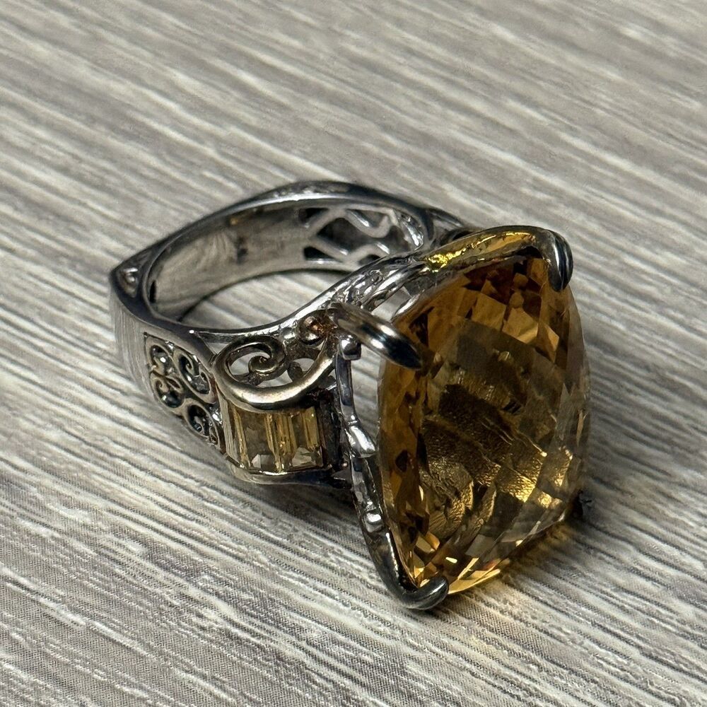 Gems En Vogue 26.4 Ct Canary Citrine Size 8 Cushion Checkerboard Cut Ring - Picture 2 of 10